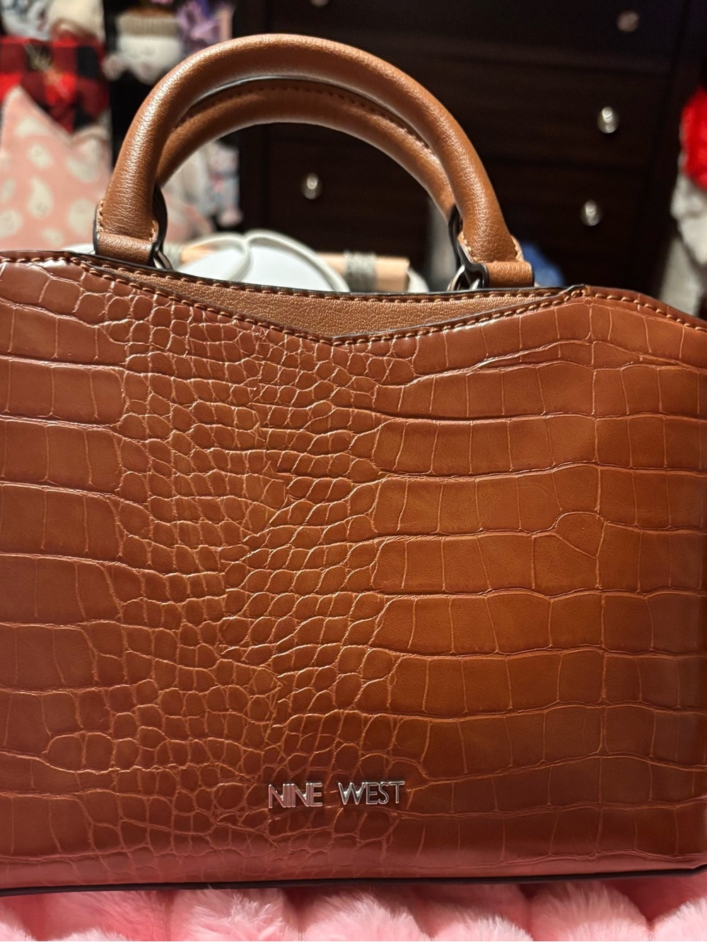 Nine West Croc-Embossed Tan Satchel with Top Handles